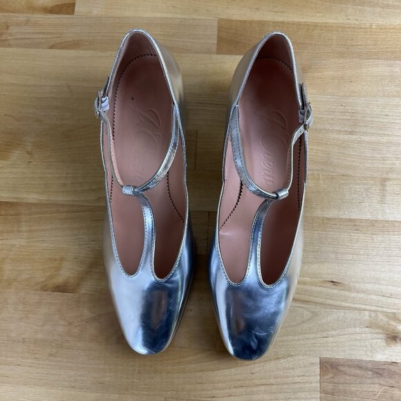 J.Crew Millie T-strap Heels Metallic Silver Mary Jane Ankle Strap Block Size 7 - Picture 2 of 15